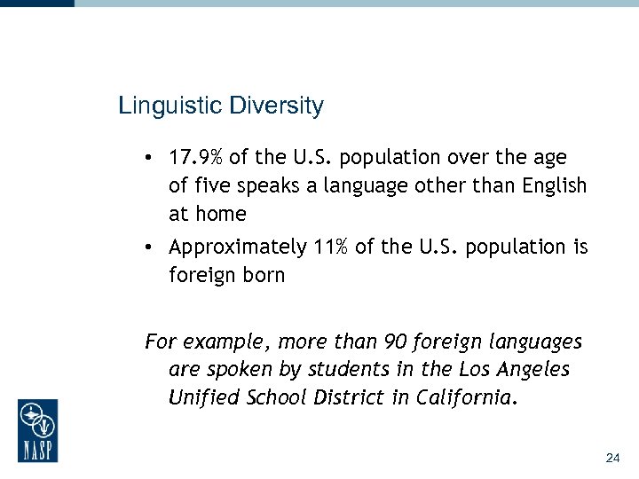 Linguistic Diversity • 17. 9% of the U. S. population over the age of