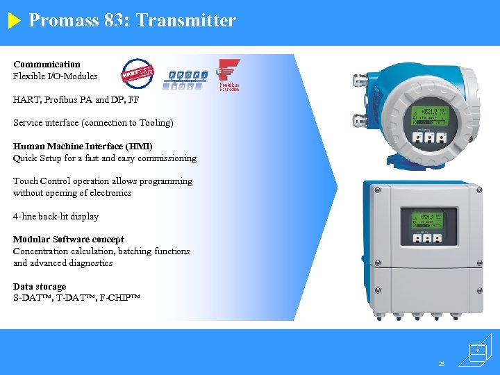 Promass 83: Transmitter Communication Flexible I/O-Modules HART, Profibus PA and DP, FF Service interface
