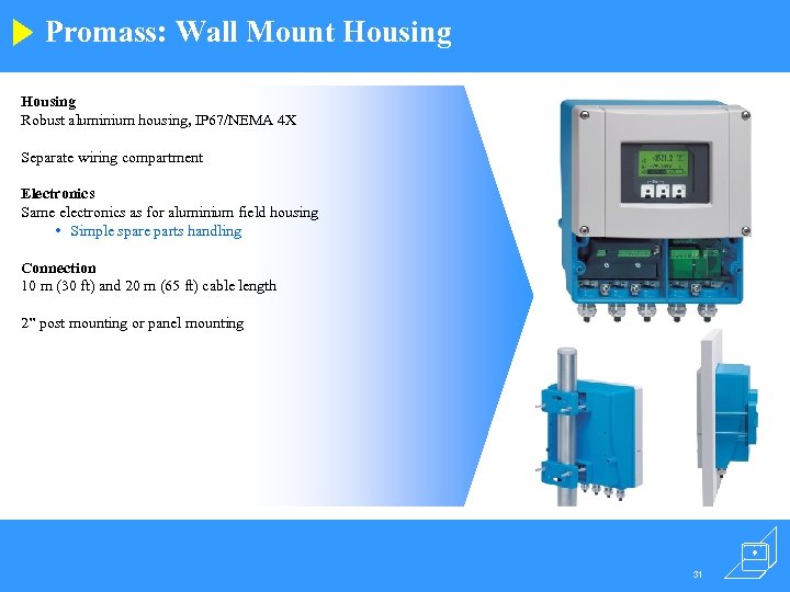 Promass: Wall Mount Housing Robust aluminium housing, IP 67/NEMA 4 X Separate wiring compartment