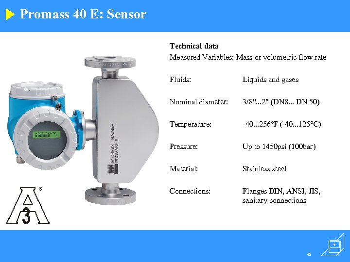 Promass 40 E: Sensor Technical data Measured Variables: Mass or volumetric flow rate Fluids: