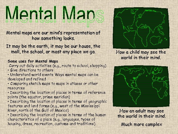 Mental maps are our mind’s representation of how something looks. It may be the