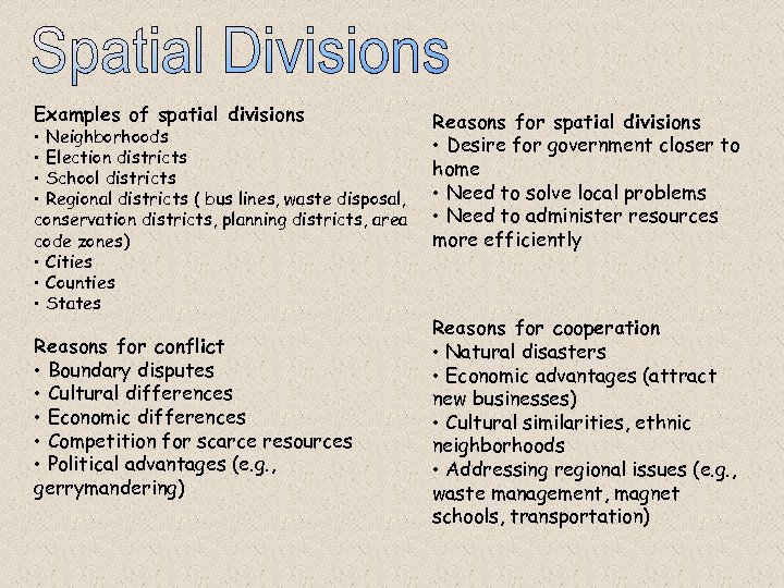 Examples of spatial divisions • Neighborhoods • Election districts • School districts • Regional