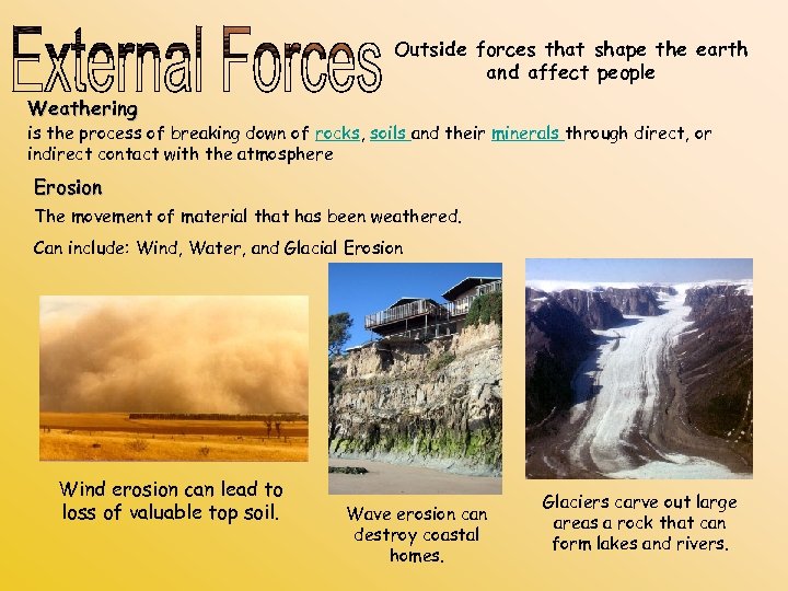 Outside forces that shape the earth and affect people Weathering is the process of