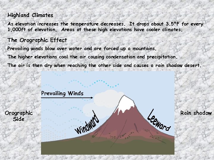 Highland Climates As elevation increases the temperature decreases. It drops about 3. 5°F for