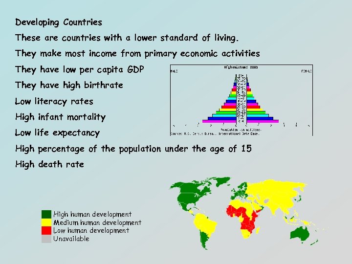 Developing Countries These are countries with a lower standard of living. They make most