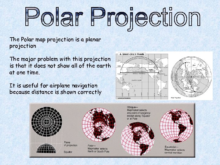 The Polar map projection is a planar projection The major problem with this projection
