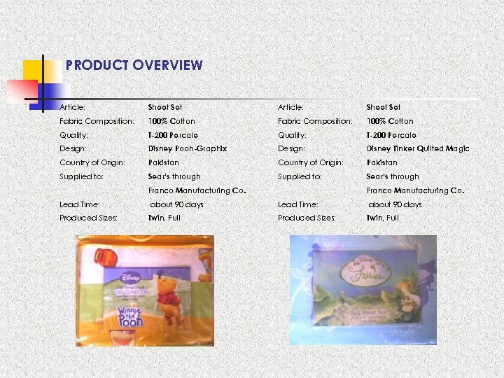 PRODUCT OVERVIEW Article: Sheet Set Fabric Composition: 100% Cotton Quality: T-200 Percale Design: Disney