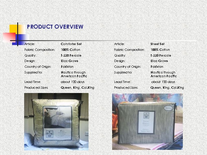 PRODUCT OVERVIEW Article: Comforter Set Article: Sheet Set Fabric Composition: 100% Cotton Quality: T-220