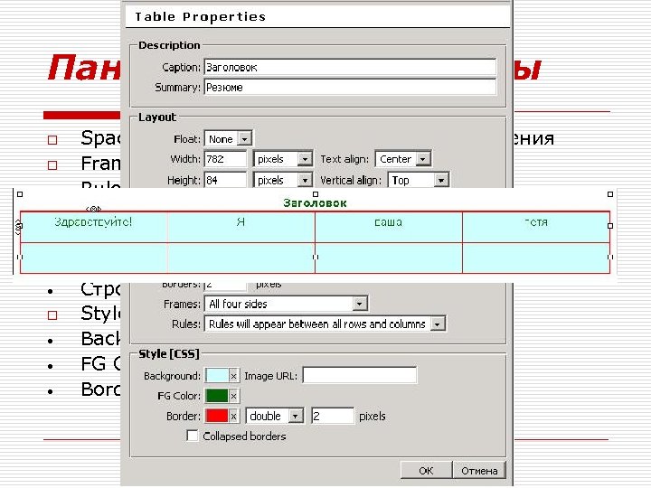 Панель свойств таблицы o o • • • Spacing and padding – интервалы и