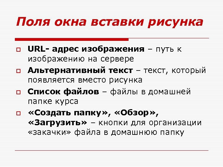 Поля окна вставки рисунка o o URL- адрес изображения – путь к изображению на