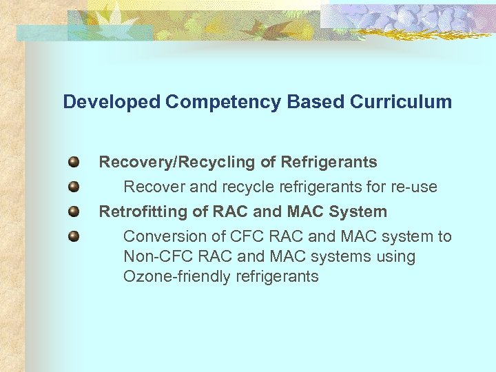 Developed Competency Based Curriculum Recovery/Recycling of Refrigerants Recover and recycle refrigerants for re-use Retrofitting