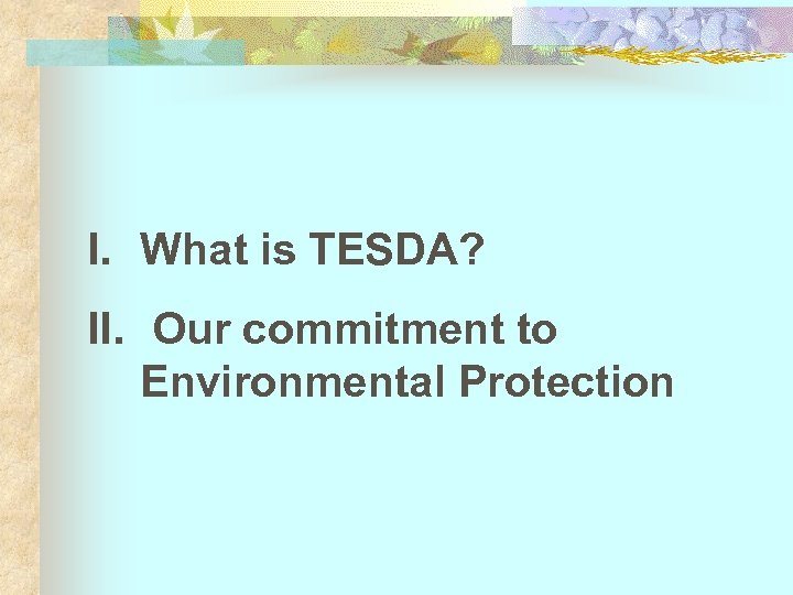 I. What is TESDA? II. Our commitment to Environmental Protection 