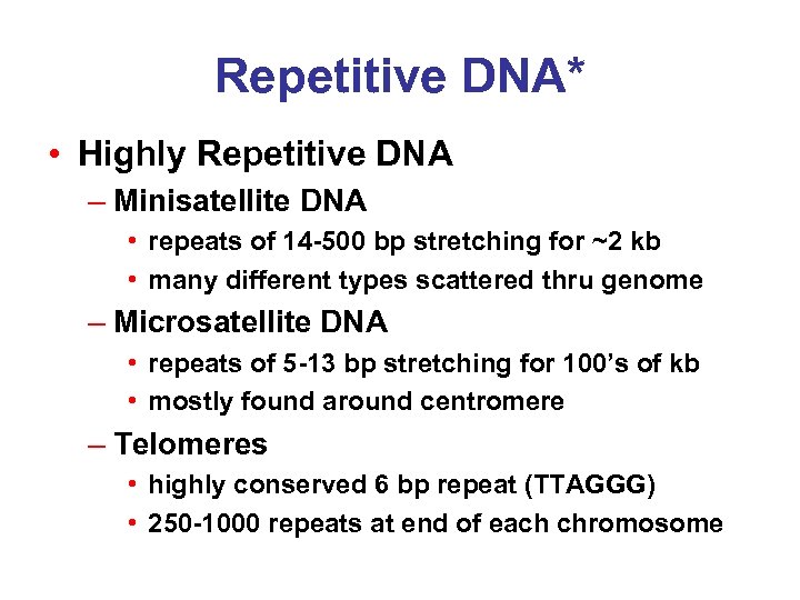 Repetitive DNA* • Highly Repetitive DNA – Minisatellite DNA • repeats of 14 -500