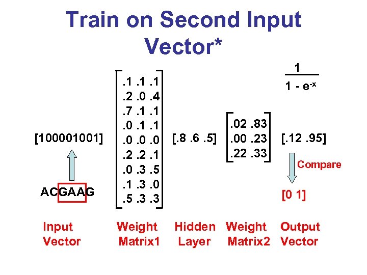 Train on Second Input Vector* 1 [100001001] ACGAAG Input Vector . 1. 1. 1.