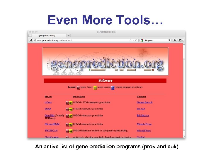 Even More Tools… An active list of gene prediction programs (prok and euk) 