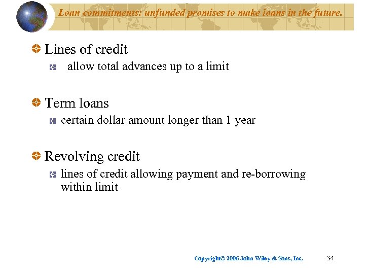 Loan commitments: unfunded promises to make loans in the future. Lines of credit allow