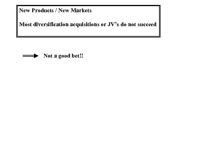 New Products / New Markets Most diversification acquisitions or JV’s do not succeed Not