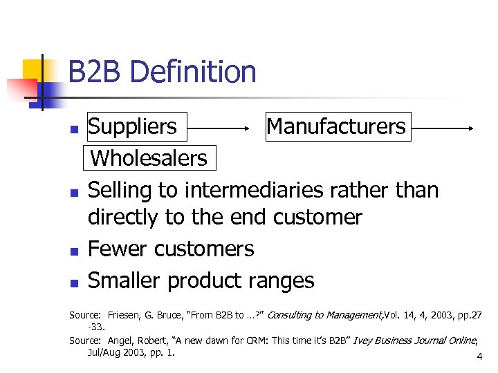 B 2 B Definition Suppliers Manufacturers Wholesalers n Selling to intermediaries rather than directly