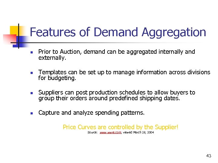 Features of Demand Aggregation n Prior to Auction, demand can be aggregated internally and