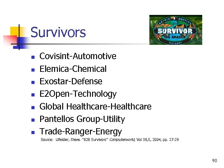 Survivors n n n n Covisint-Automotive Elemica-Chemical Exostar-Defense E 2 Open-Technology Global Healthcare-Healthcare Pantellos
