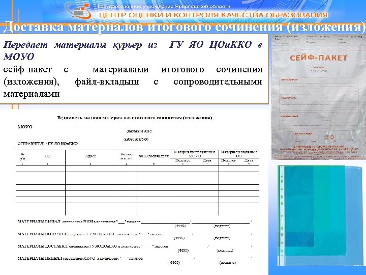 Доставка материалов итогового сочинения (изложения) Передает материалы курьер из ГУ ЯО ЦОи. ККО в