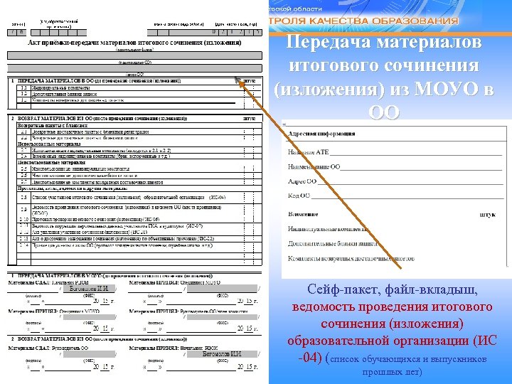 Передача материалов итогового сочинения (изложения) из МОУО в ОО Сейф-пакет, файл-вкладыш, ведомость проведения итогового