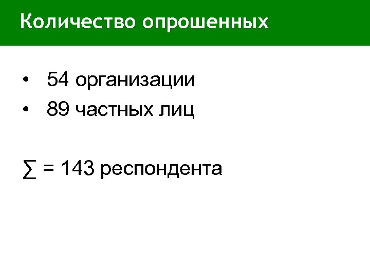 Количество опрошенных • 54 организации • 89 частных лиц ∑ = 143 респондента 