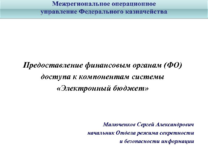 Предоставление финансовым органам (ФО) доступа к компонентам системы «Электронный бюджет» Малюченков Сергей Александрович начальник