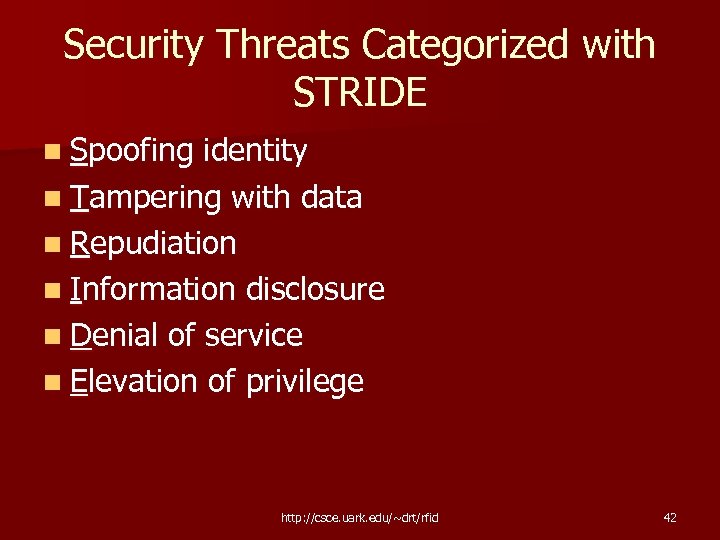 Security Threats Categorized with STRIDE n Spoofing identity n Tampering with data n Repudiation
