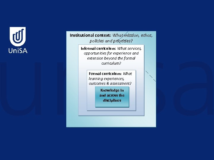 Institutional context: What mission, ethos, policies and priorities? Informal curriculum: What services, opportunities for
