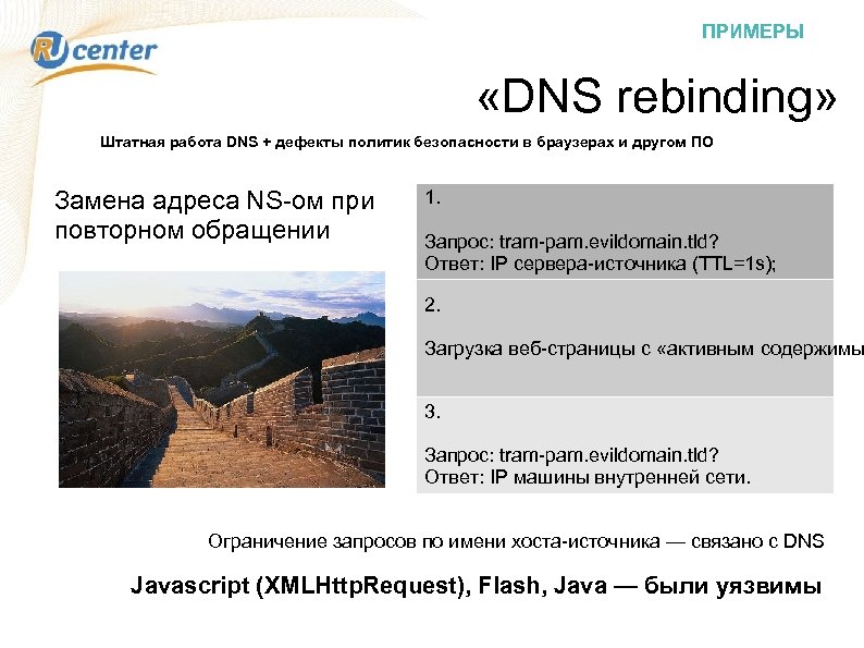 ПРИМЕРЫ «DNS rebinding» Штатная работа DNS + дефекты политик безопасности в браузерах и другом