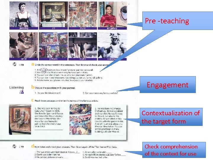 Pre -teaching Engagement Contextualization of the target form Check comprehension of the context for