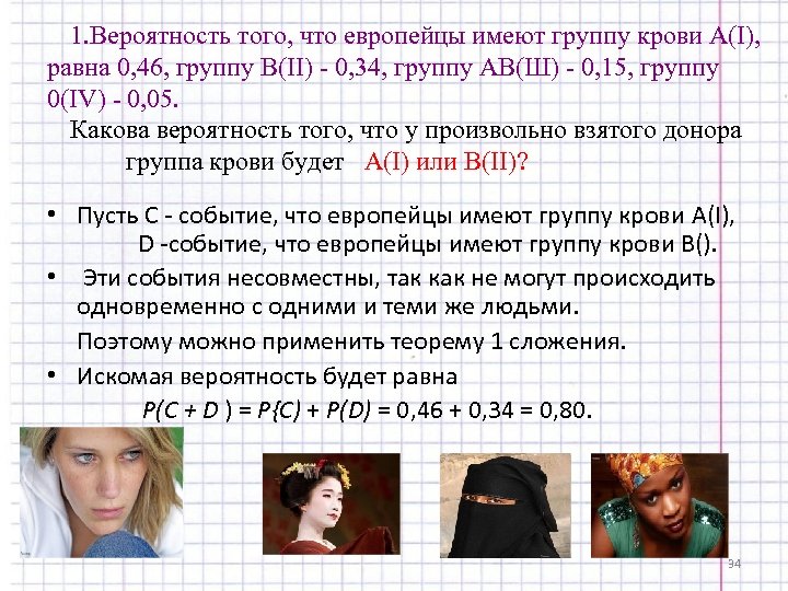 1. Вероятность того, что европейцы имеют группу крови А(I), равна 0, 46, группу В(II)
