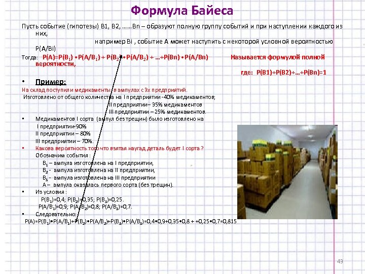 Формула Байеса Пусть событие (гипотезы) В 1, В 2, ……Вn – образуют полную группу