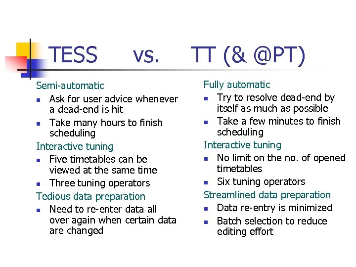 TESS vs. Semi-automatic n Ask for user advice whenever a dead-end is hit n