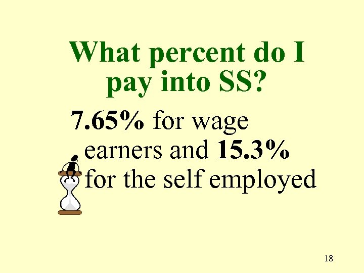 What percent do I pay into SS? 7. 65% for wage earners and 15.