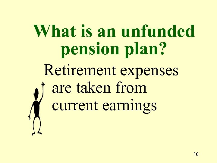 What is an unfunded pension plan? Retirement expenses are taken from current earnings 30
