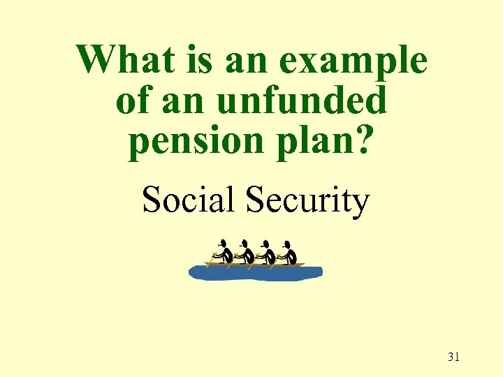 What is an example of an unfunded pension plan? Social Security 31 