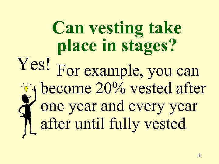 Can vesting take place in stages? Yes! For example, you can become 20% vested