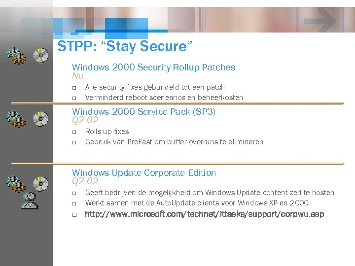 STPP: “Stay Secure” Windows 2000 Security Rollup Patches Nu o o Alle security fixes