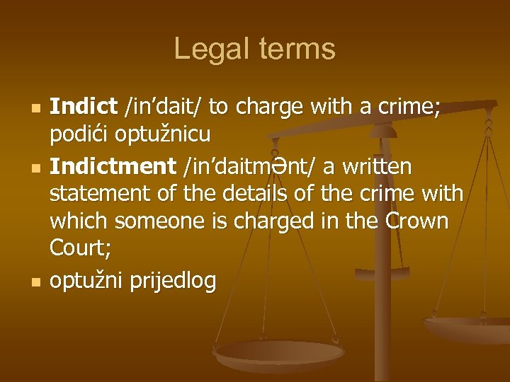 Legal terms n n n Indict /in’dait/ to charge with a crime; podići optužnicu