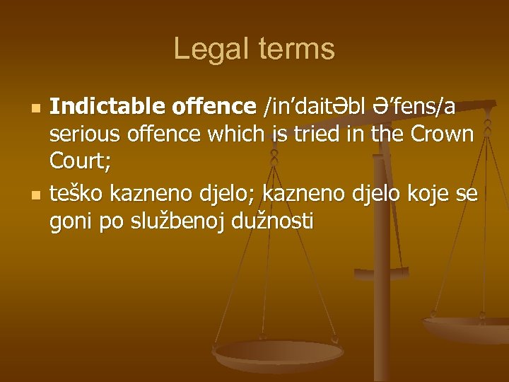 Legal terms n n Indictable offence /in’daitƏbl Ə’fens/a serious offence which is tried in
