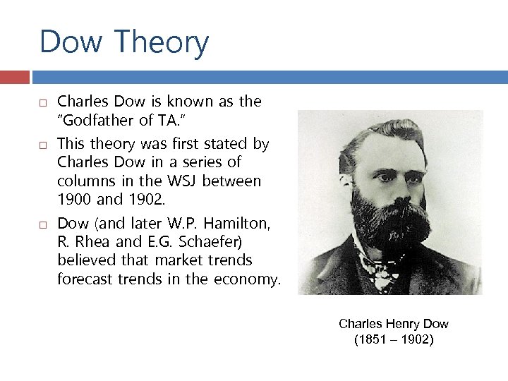 Dow Theory Charles Dow is known as the “Godfather of TA. ” This theory
