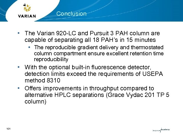 Conclusion • The Varian 920 -LC and Pursuit 3 PAH column are capable of