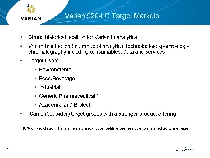 Varian 920 -LC Target Markets • Strong historical position for Varian in analytical •