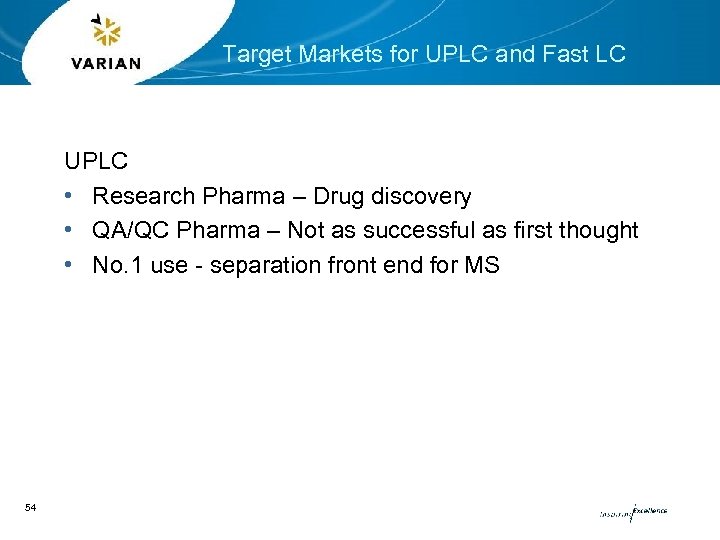 Target Markets for UPLC and Fast LC UPLC • Research Pharma – Drug discovery