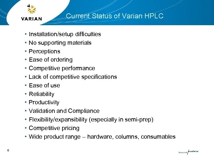 Current Status of Varian HPLC • • • • 6 Installation/setup difficulties No supporting