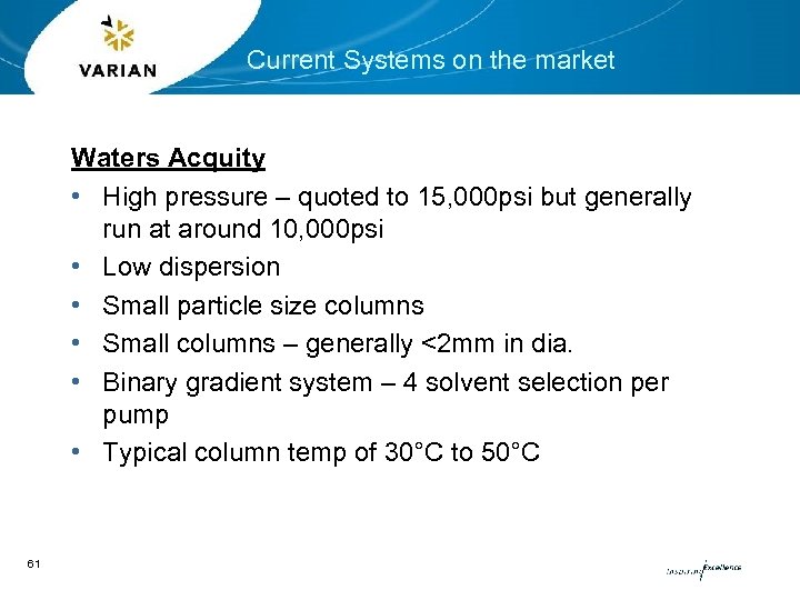 Current Systems on the market Waters Acquity • High pressure – quoted to 15,