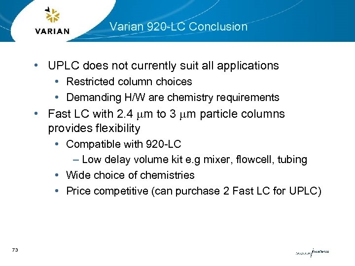 Varian 920 -LC Conclusion • UPLC does not currently suit all applications • Restricted