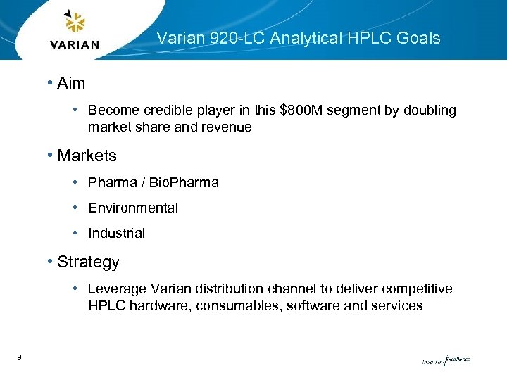 Varian 920 -LC Analytical HPLC Goals • Aim • Become credible player in this